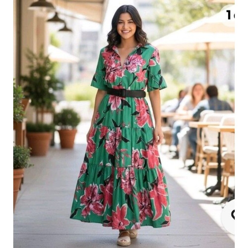Zara Green Floral Print Belted V-Neck Dress  Sz  S